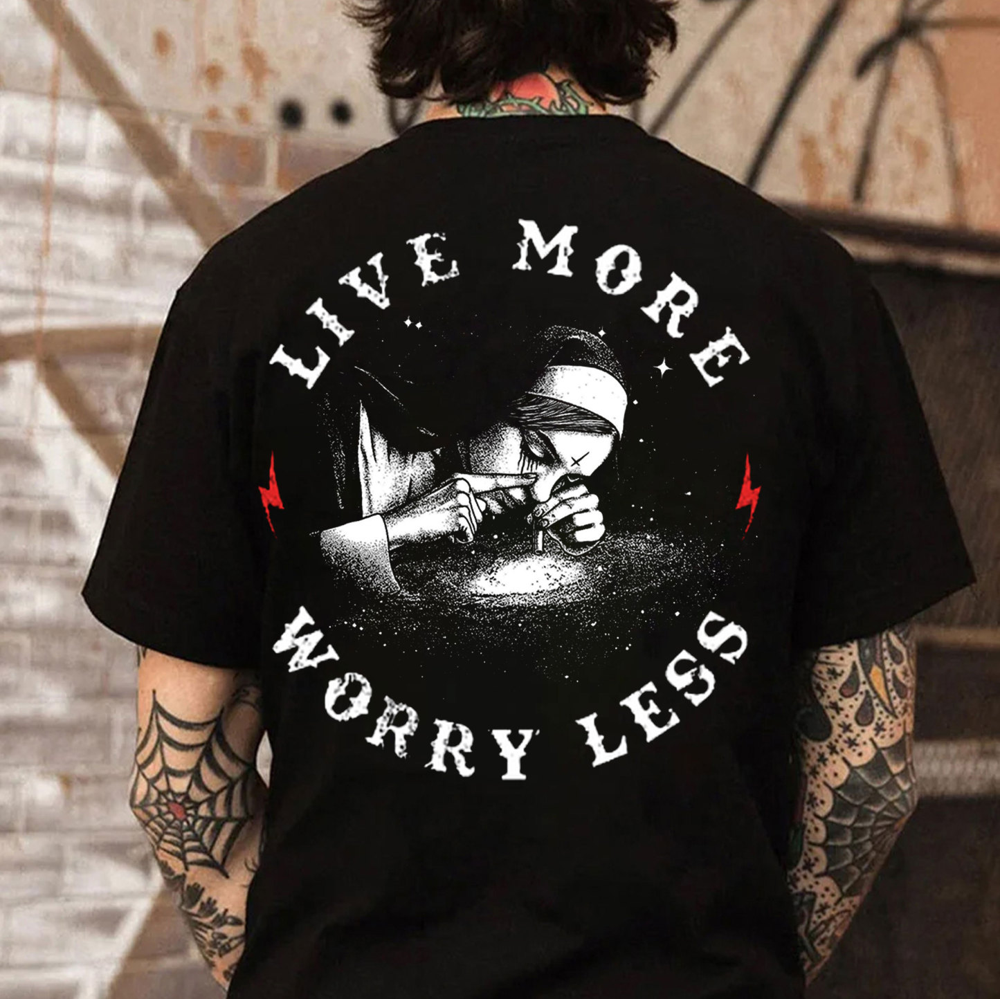 LIVE MORE WORRY LESS Nun Smoking Black Print T-Shirt