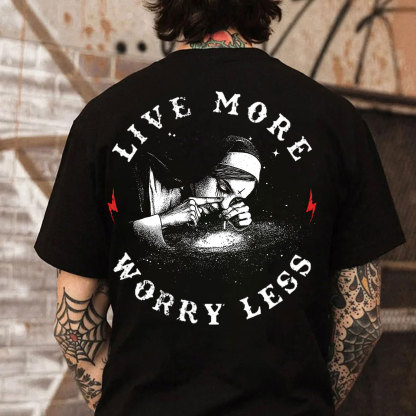 LIVE MORE WORRY LESS Nun Smoking Black Print T-Shirt