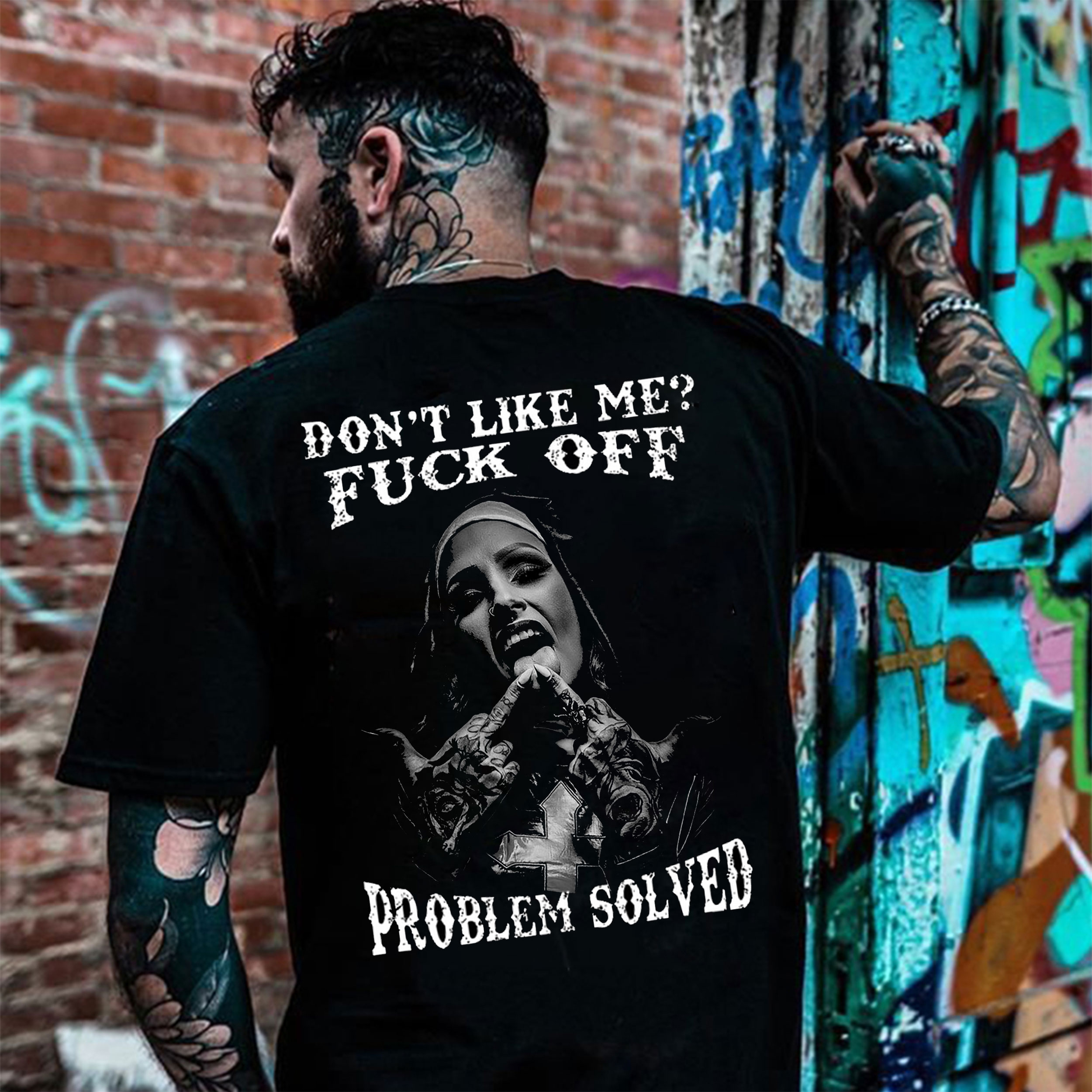 DON'T LIKE ME Defiant Nun Black Print T-Shirt