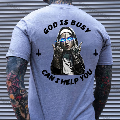 GOD IS BUSY CAN I HELP YOU Defiant Nun Print Men's T-Shirt