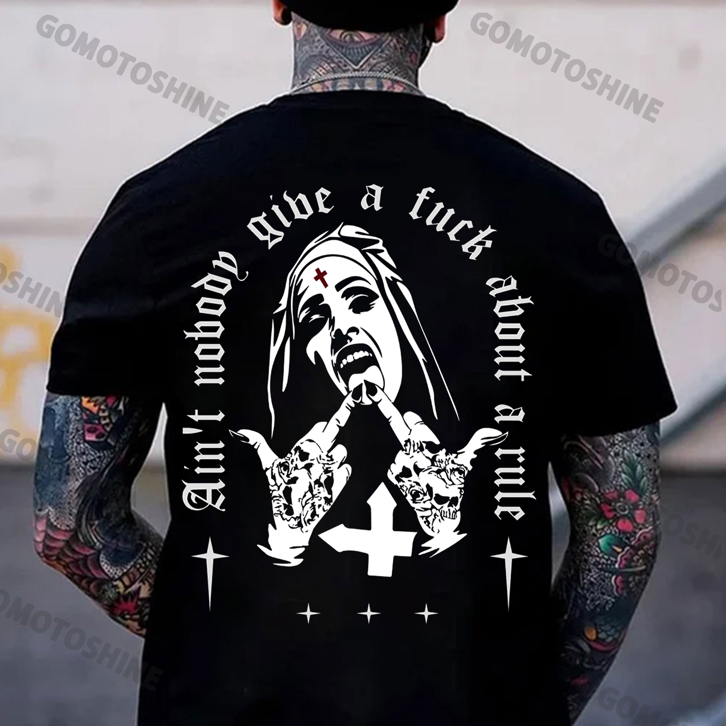 AIN'T NOBODY GIVE A FUCK ABOUT A RULE Defiant Nun Print Men's T-Shirt