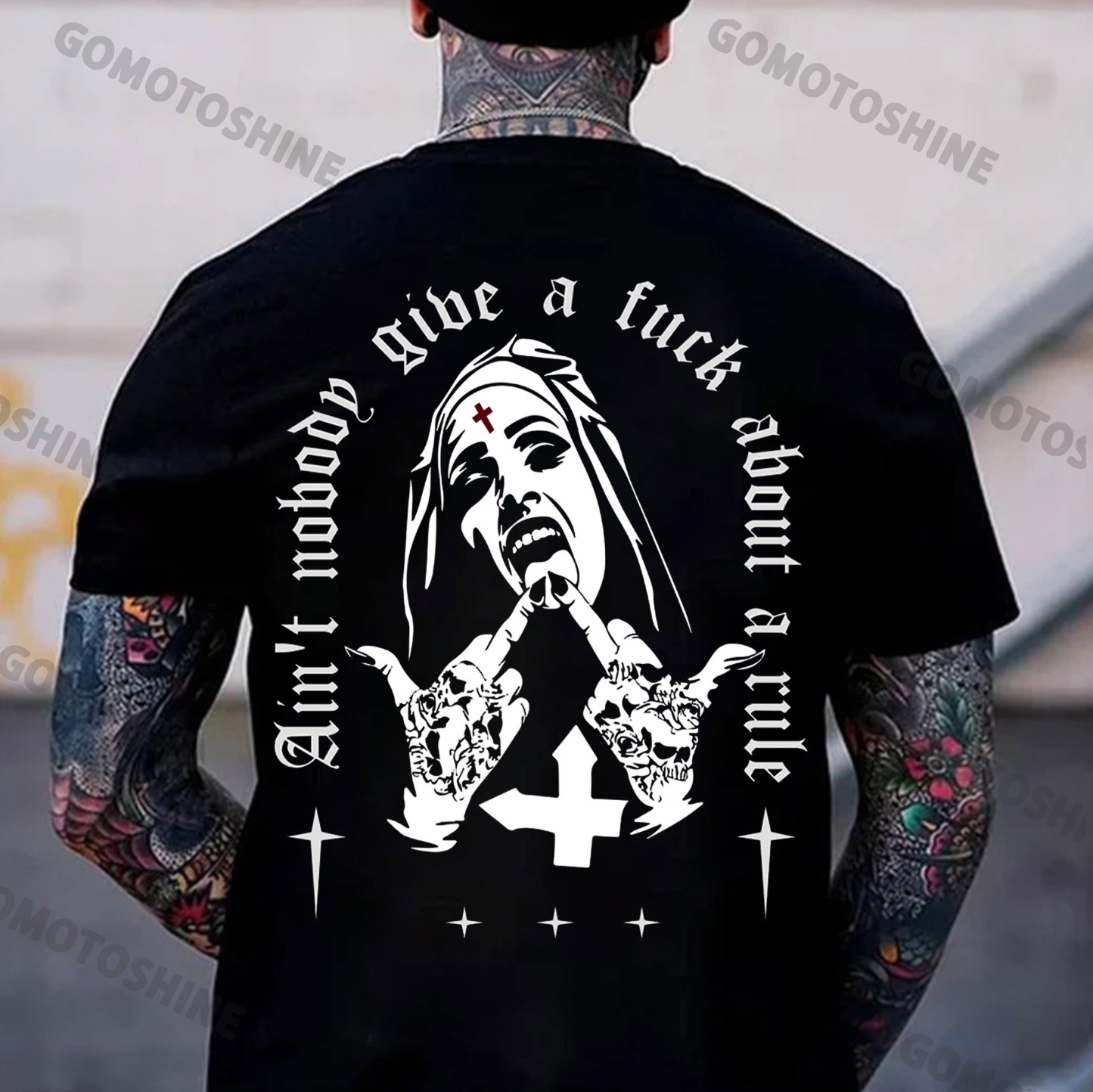 AIN'T NOBODY GIVE A FUCK ABOUT A RULE Defiant Nun Print Men's T-Shirt