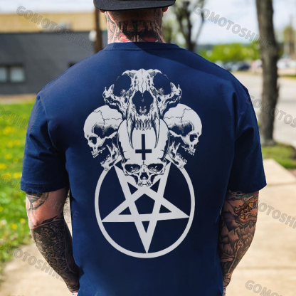Multifacial Skulls with Star Circle Black Print T-shirt