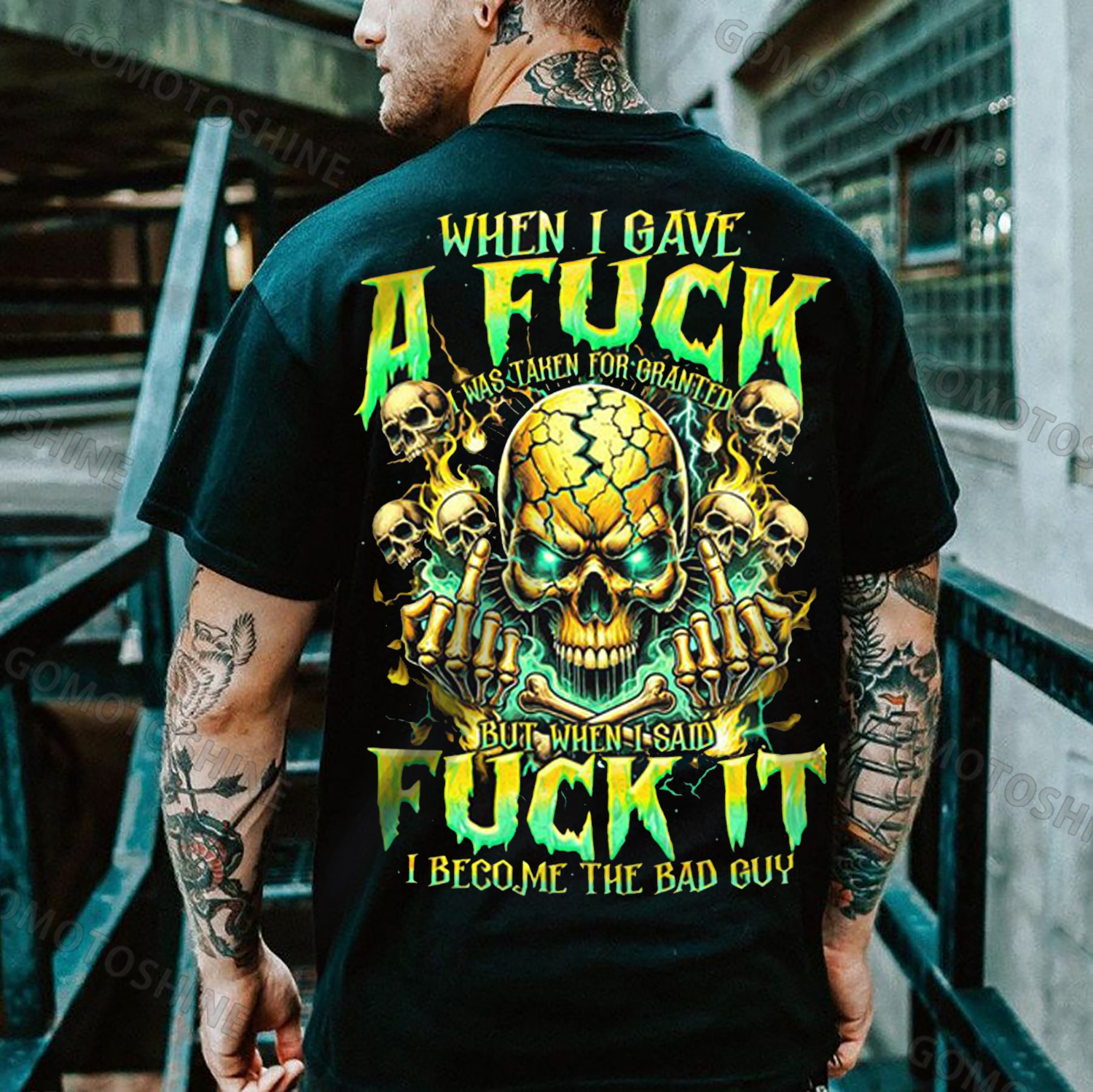 WHEN I GAVE A FUCK Defiant Skeleton Print Men's T-Shirt