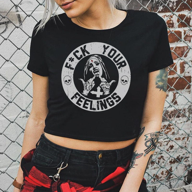 FUCK YOUR FEELINGS Defiant Nun Print Women's Cropped T-shirt