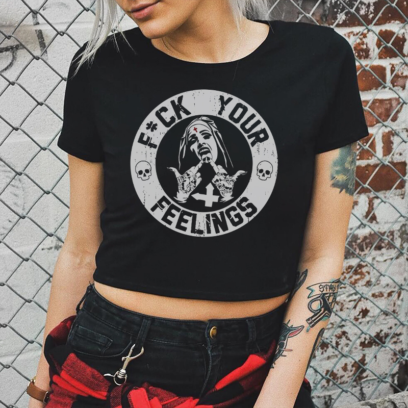 FUCK YOUR FEELINGS Defiant Nun Print Women's Cropped T-shirt