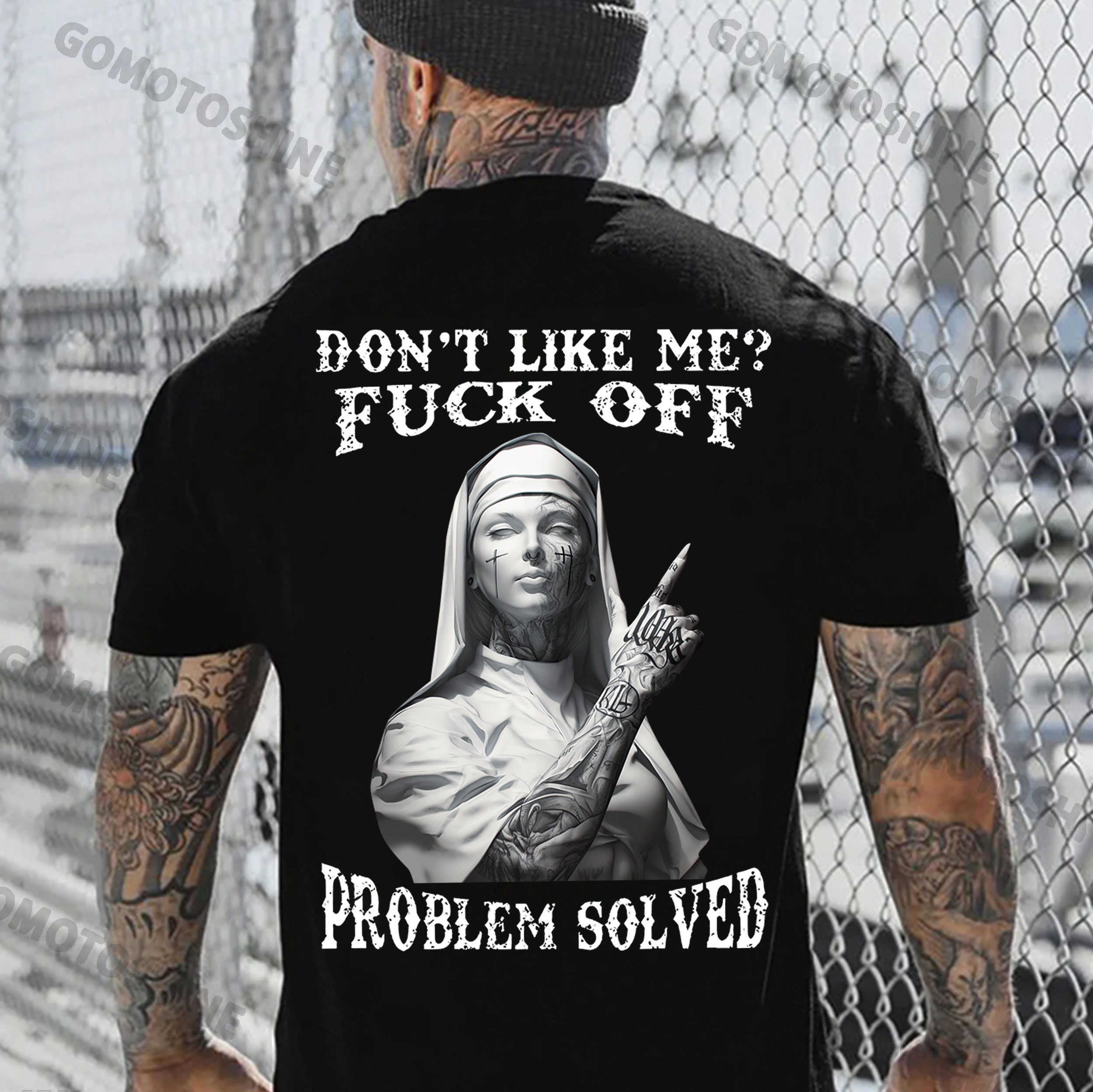 DON'T LIKE ME FUCK OFF Tattooed Nun Print Men's T-Shirt