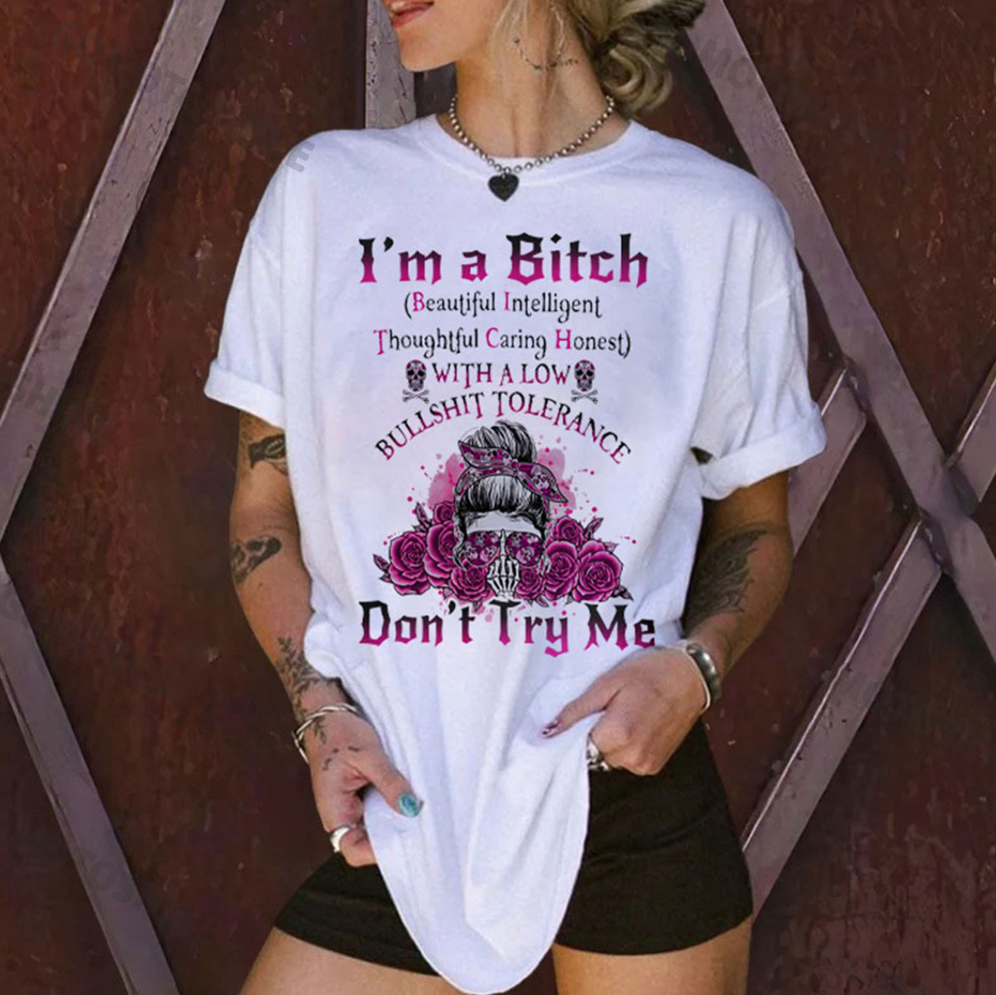 I'M A BITCH DON'T TRY ME Defiant Skeleton Lady&Roses Print Women's T-shirt