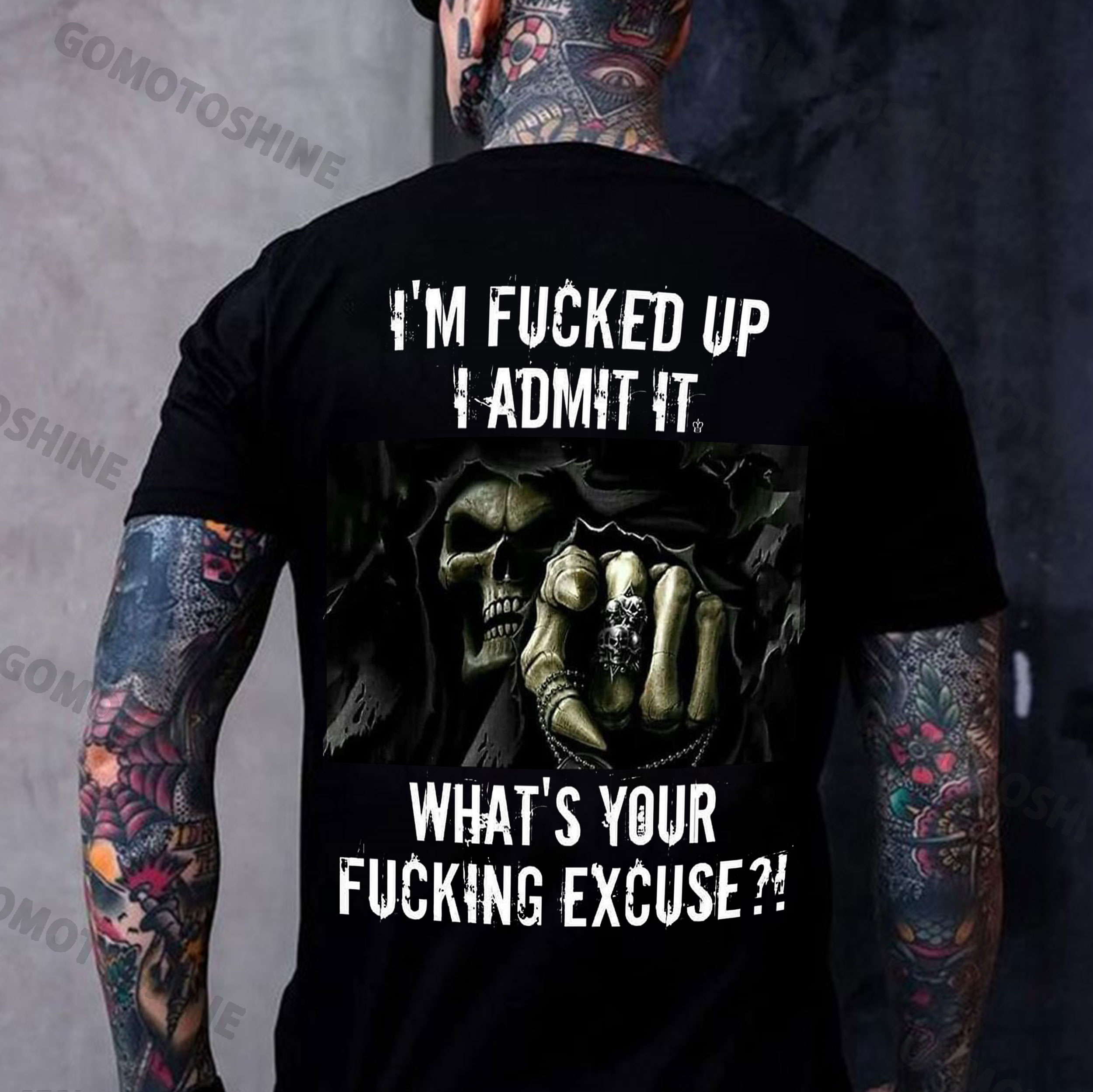 I'M FUCKED UP I ADMIT IT Defiant Skeleton Print Men's T-Shirt