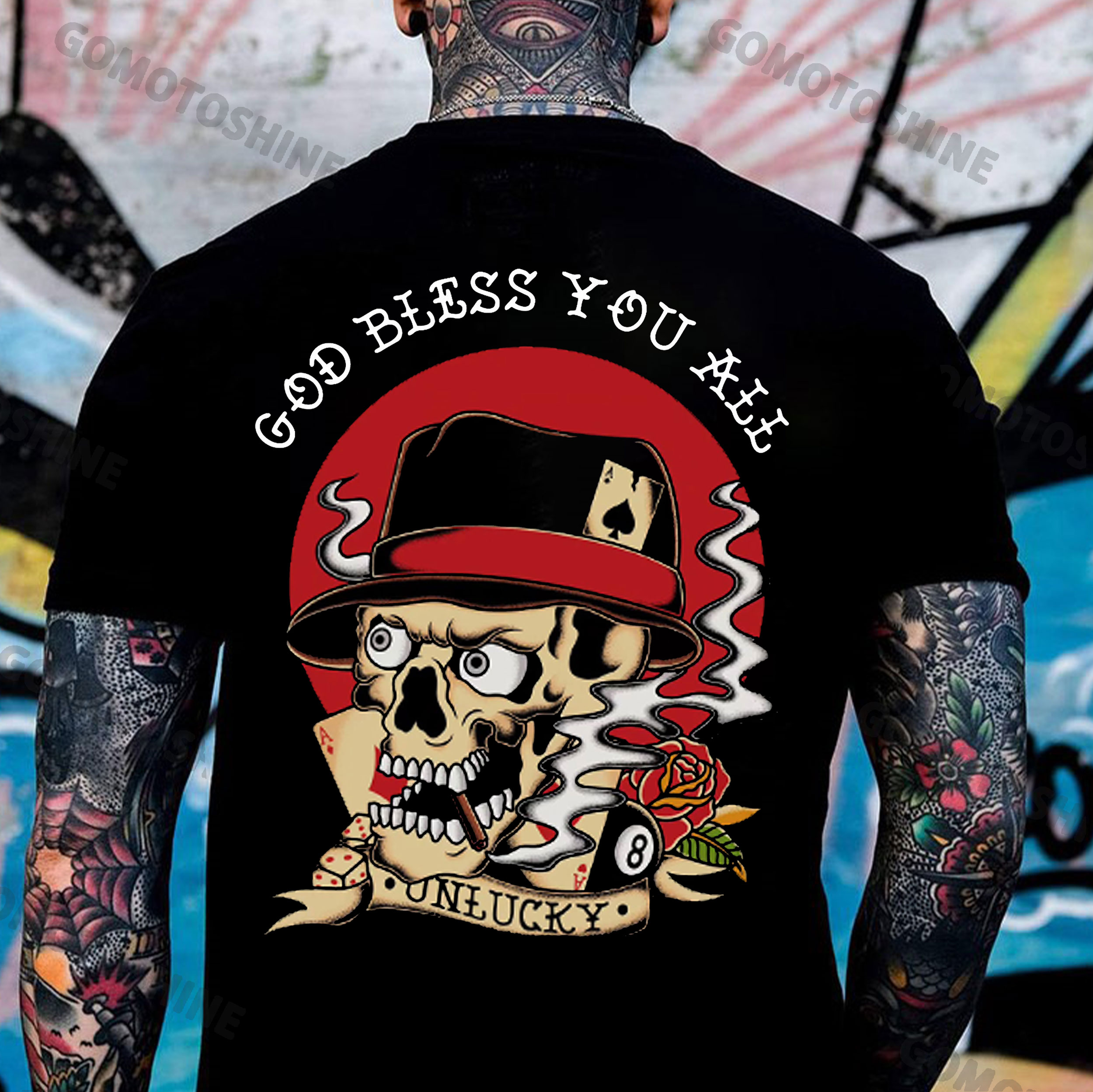 GOD BLESS YOU ALL Smoking Skull&Poker Print Men's T-Shirt