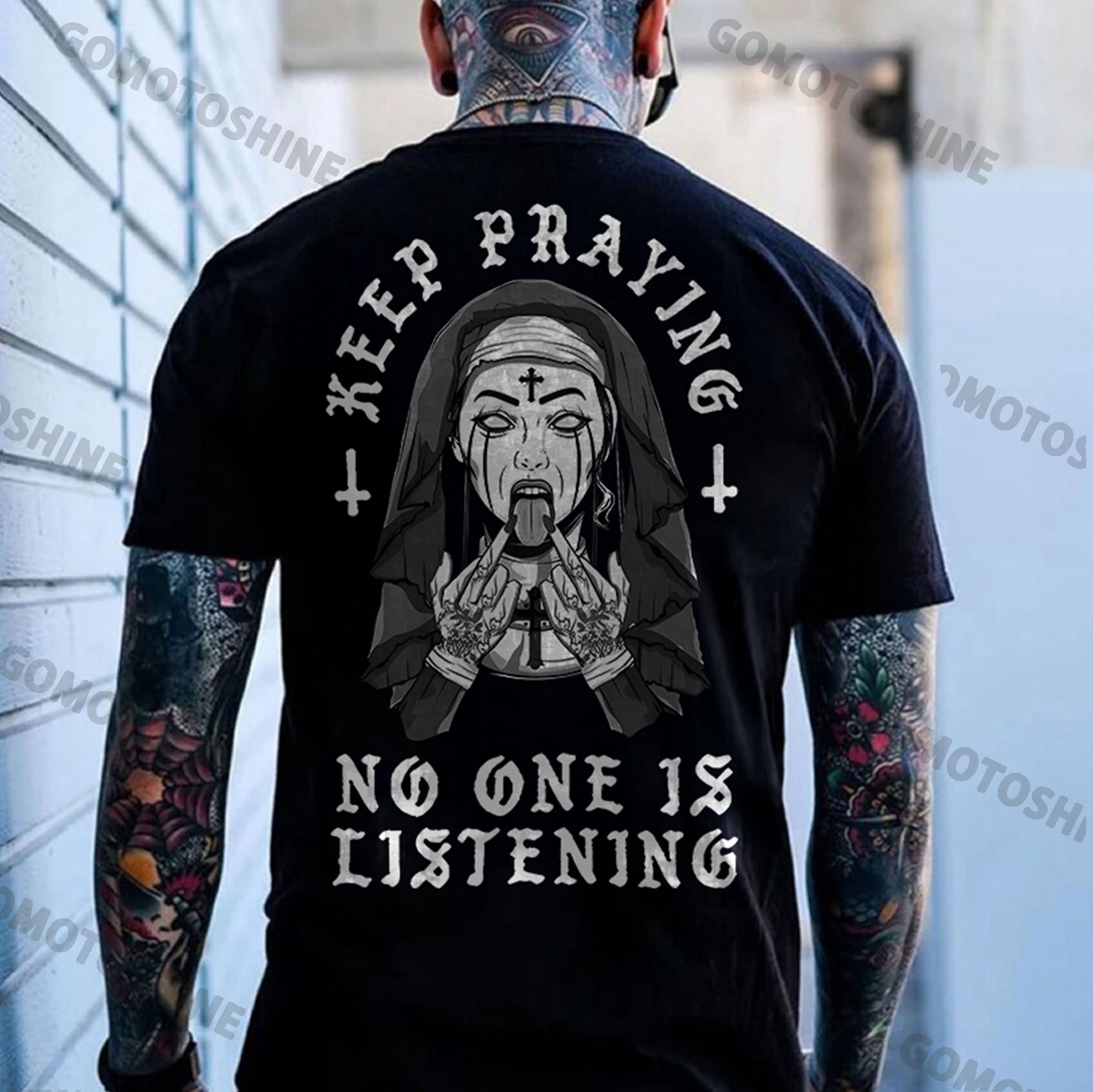 KEEP PRAYING NO ONE IS LISTENING Defiant Nun Print Men's T-Shirt