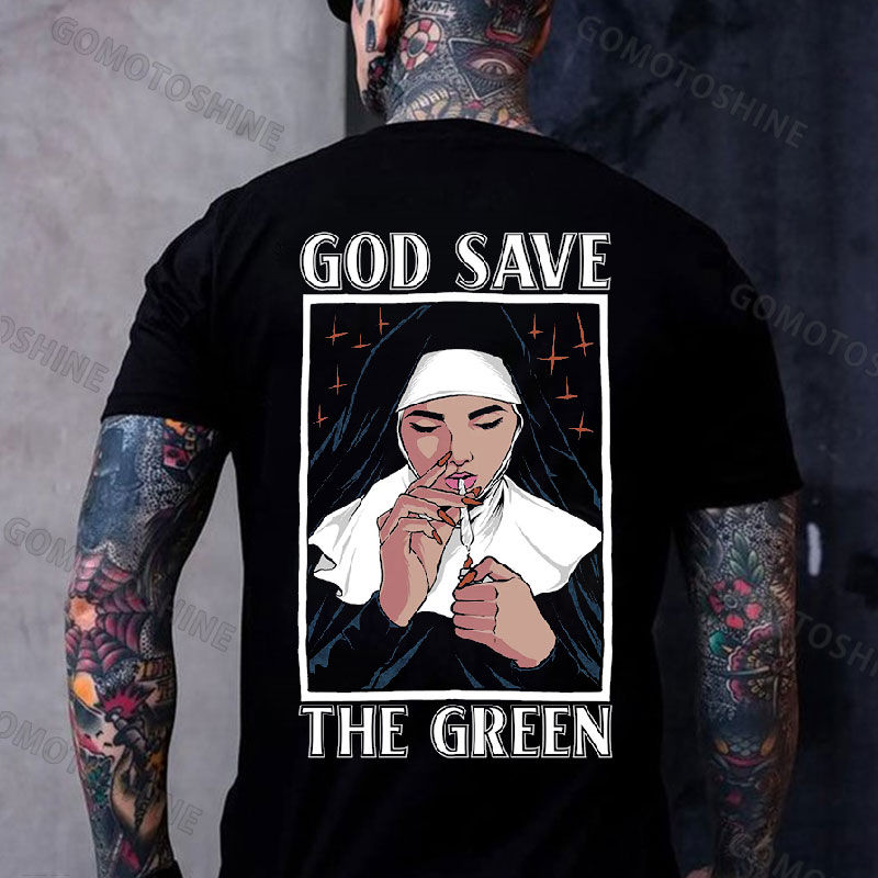 GOD SAVE THE GREEN Smoking Nun Print Men's T-Shirt