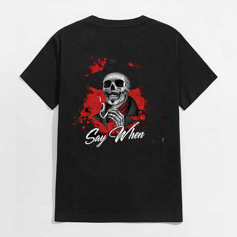 SAY WHEN Smoking Skeleton Black Print T-shirt