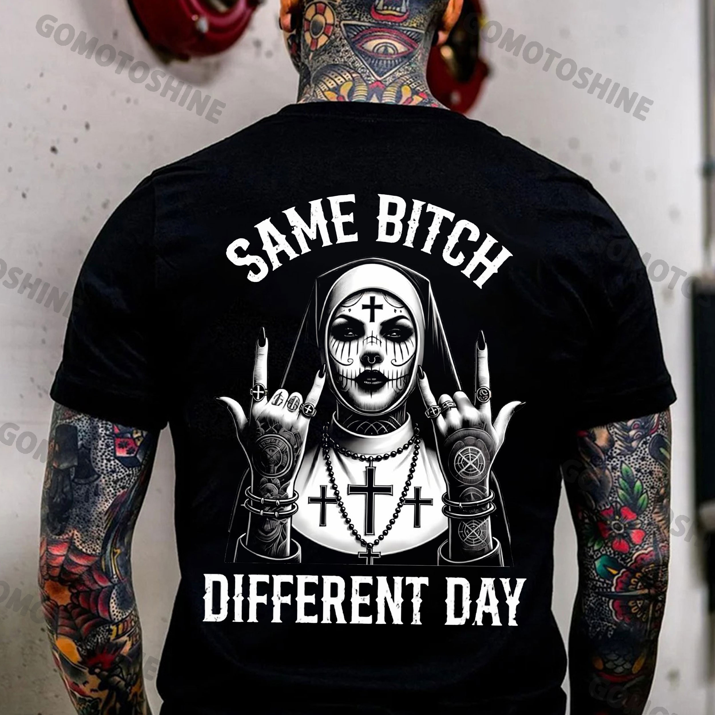 SAME BITCH DIFFERENT DAY Defiant Gothic Nun Print Men's T-Shirt
