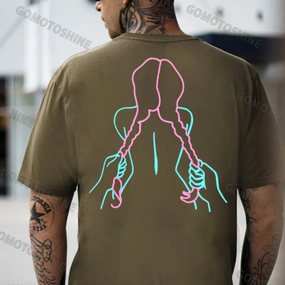 A Girl with a Long Braid Linear Black Print T-shirt