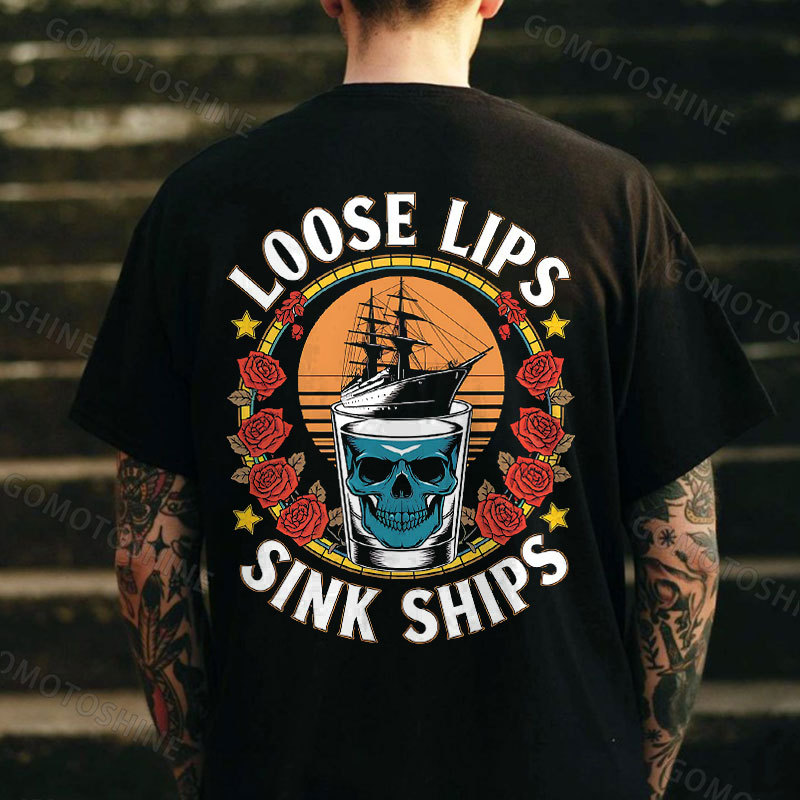 LOOSE LIPS SINK SHIPS Skull Ship In Cup Print Men's T-Shirt
