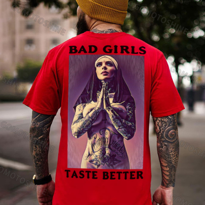 BAD GIRLS TASTE BETTER Tattooed Praying Nun Print Men's T-Shirt