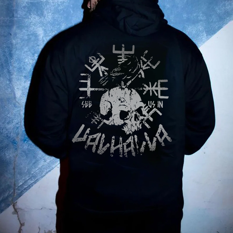 SEE US IN VALHALLA Skull Black Print Hoodie