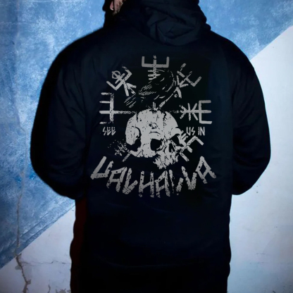 SEE US IN VALHALLA Skull Black Print Hoodie