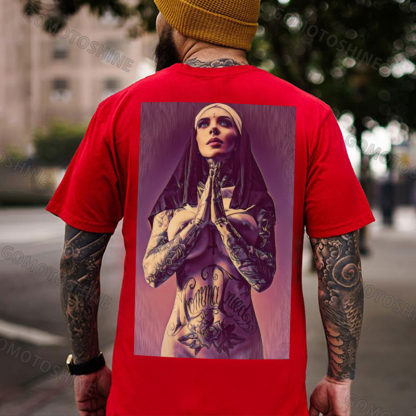 Pious Nun Praying with Tattoo Black Print T-shirt