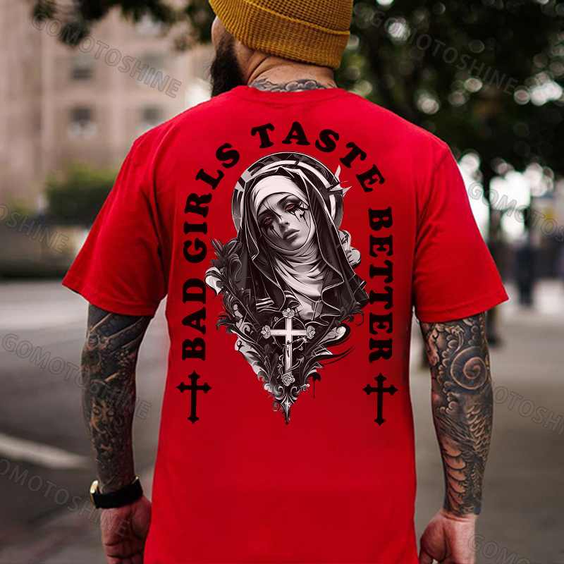 BAD GIRLS TASTE BETTER Crucifix Nun Print Men's T-Shirt