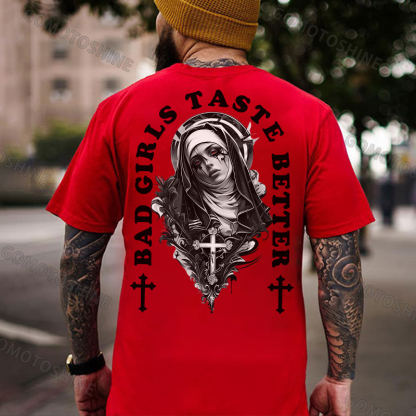 BAD GIRLS TASTE BETTER Crucifix Nun Print Men's T-Shirt