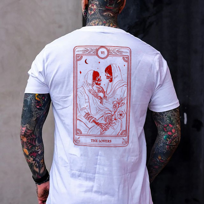 THE LOVES Two skeletons with Flowers Red Graphic Casual Black Print T-shirt