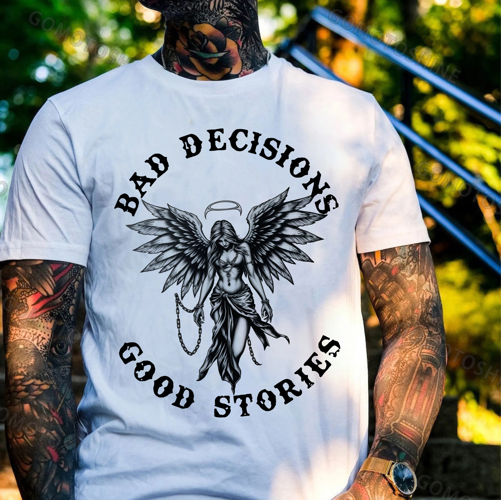BAD DECISIONS GOOD STORIES Imprisoned Angel Print Men's T-Shirt
