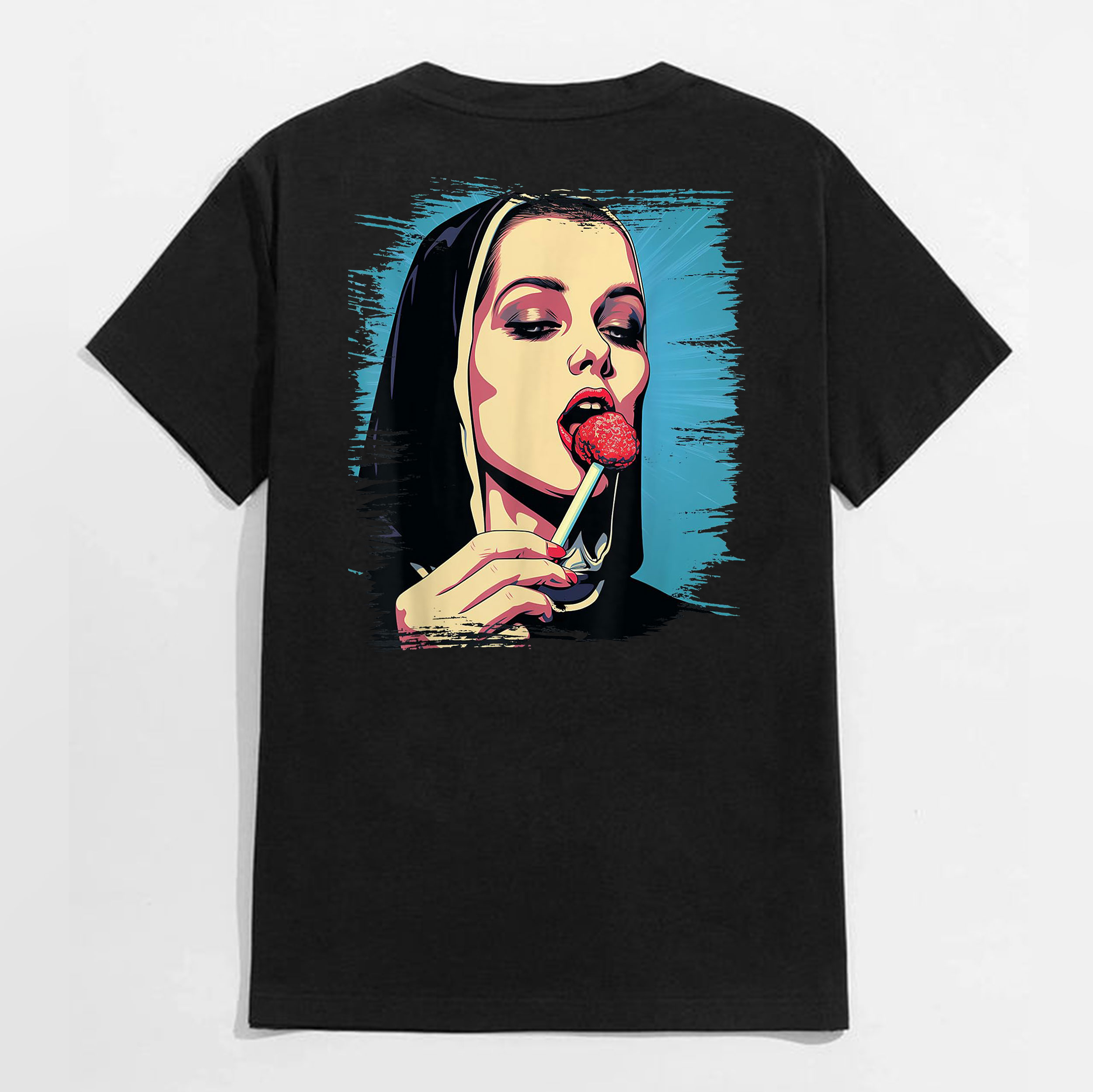 Nun Eating the Lollypop Graphic Black Print T-shirt