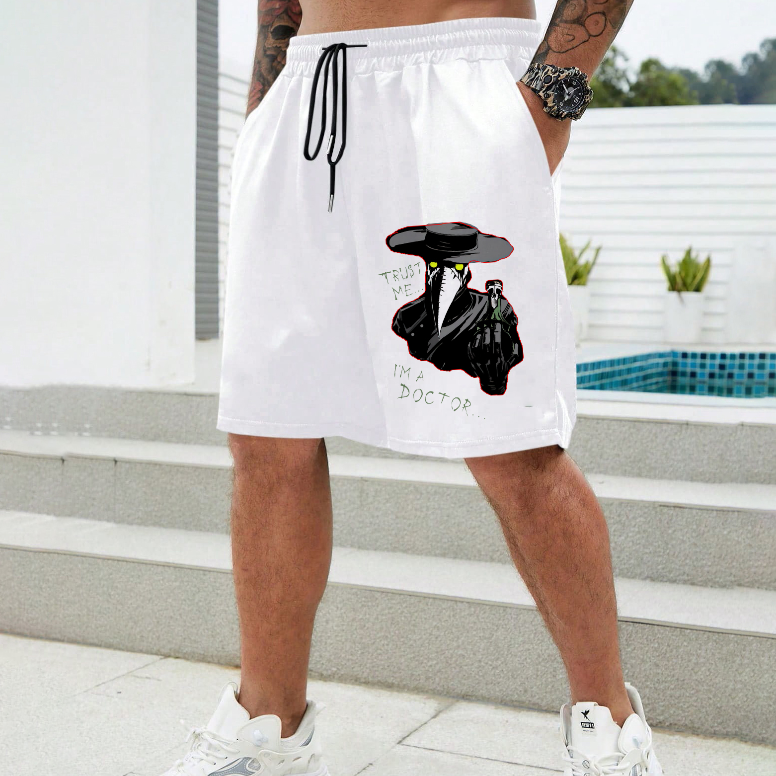 TRUST ME I'M A DOCTOR Crow Mask Black Print Shorts