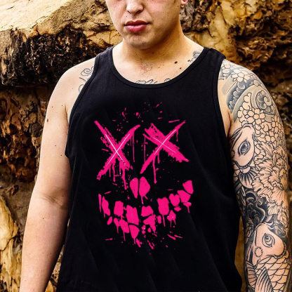 Fluorescent Pink Evil Emoji Graphic Black Print Vest
