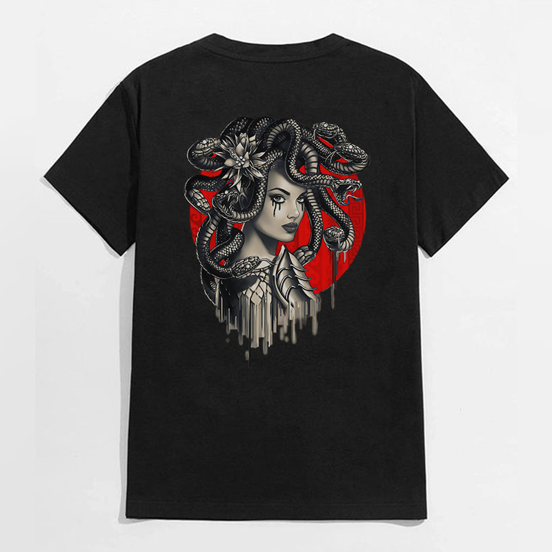 Dark Witch with Snakes Around Her Graphic Casual White Print T-shirt