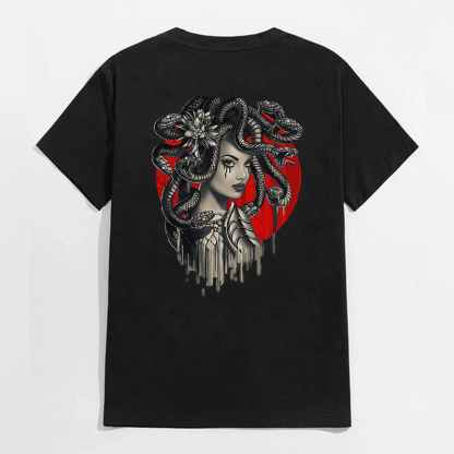 Dark Witch with Snakes Around Her Graphic Casual White Print T-shirt