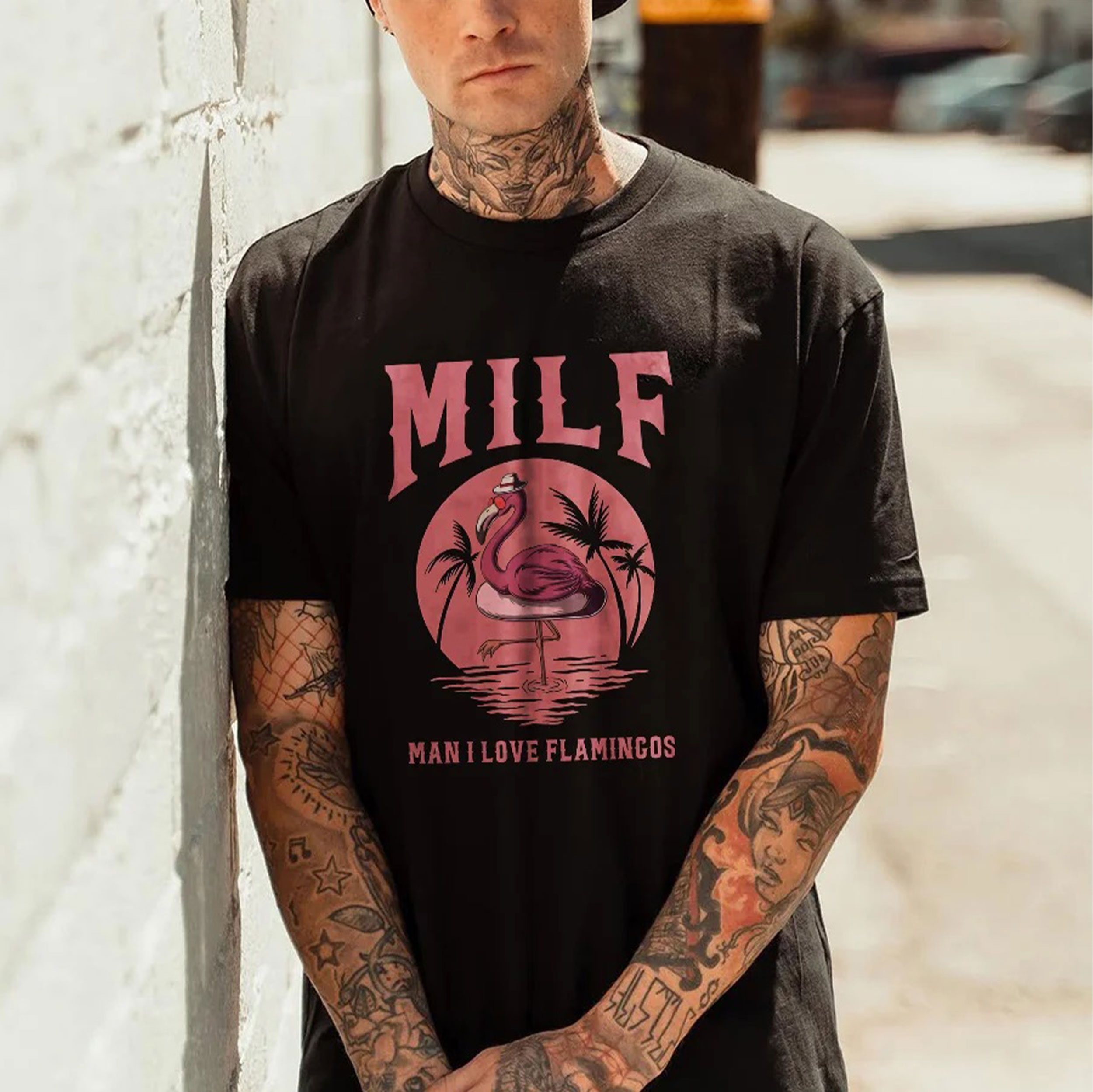 MILF MAN I LOVE FLAMINGOS Pink Pattern Black Print T-shirt