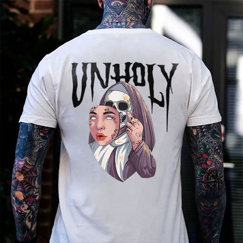 UNHOLY Human Skin Mask Skeleton Black Print T-shirt