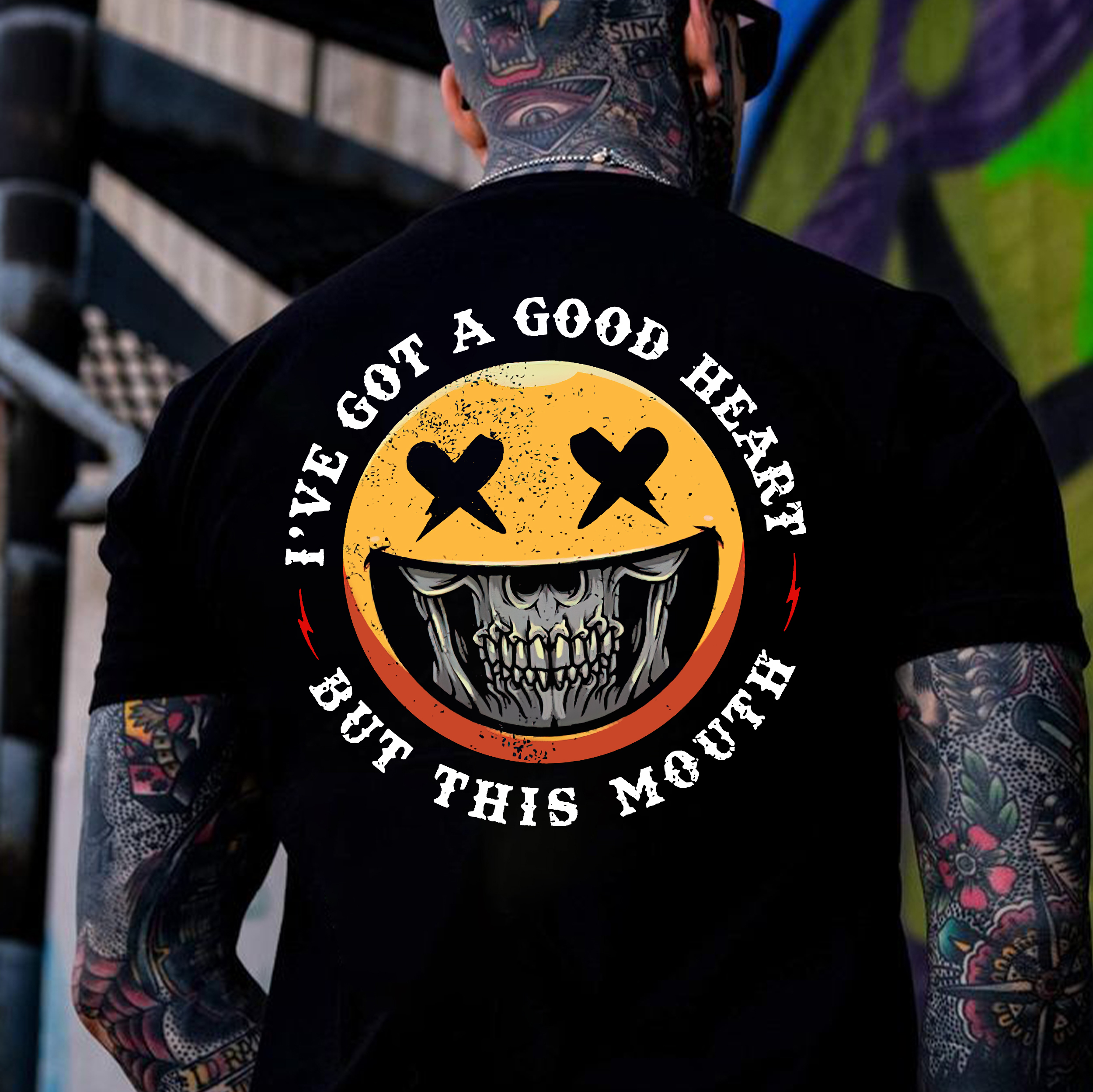 I'VE GOT A GOOD HEART BUT THIS MOUSE Skull&Evil Emoji Print Men's T-Shirt