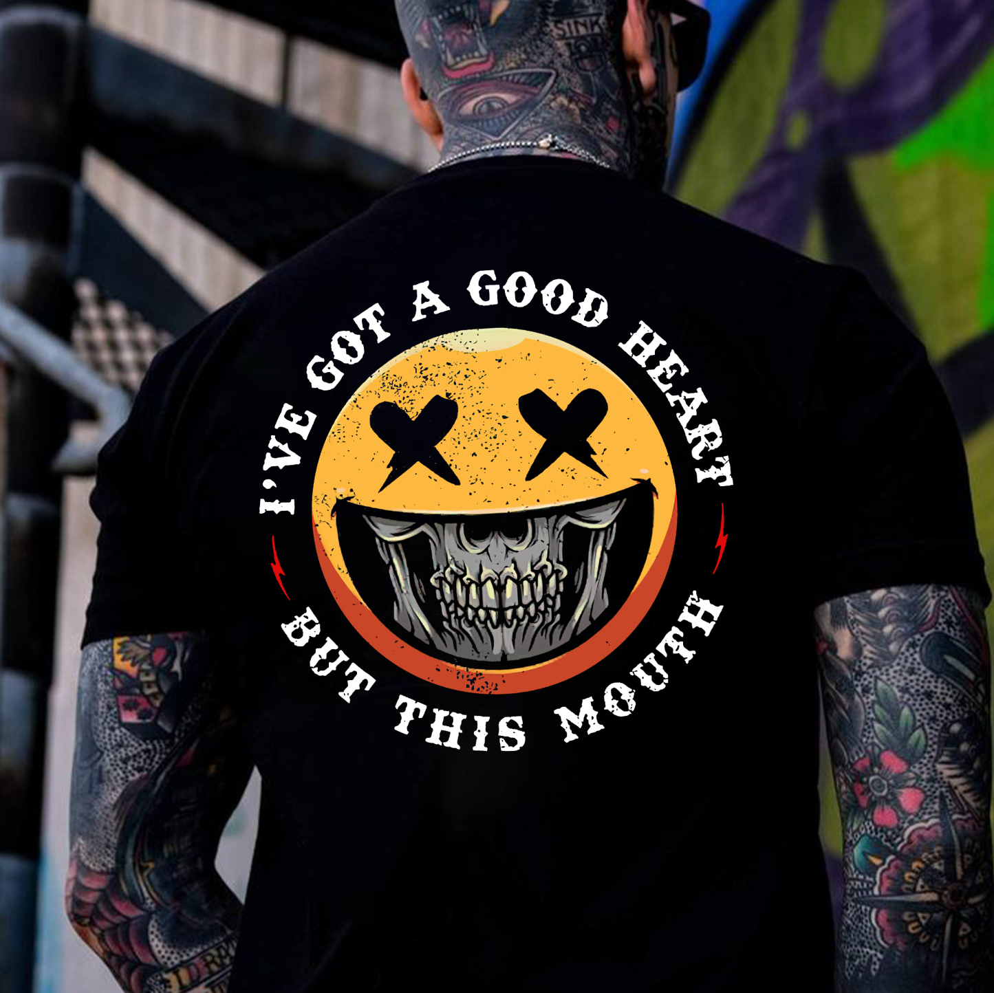 I'VE GOT A GOOD HEART BUT THIS MOUSE Skull&Evil Emoji Print Men's T-Shirt