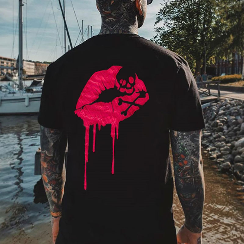 Skull Red Lips Print Men's T-shirt
