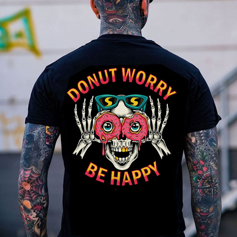 DONUT WORRY BE HAPPY Skeleton&Donut Print Men's T-Shirt