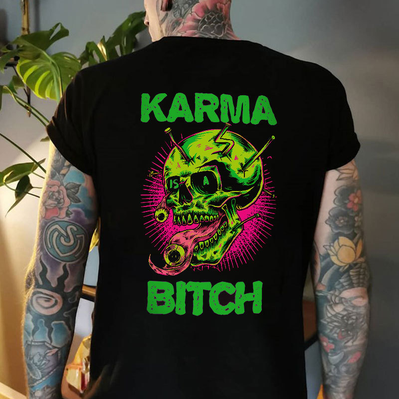 KARMA IS A BITCH Green Skull Print Men's T-Shirt