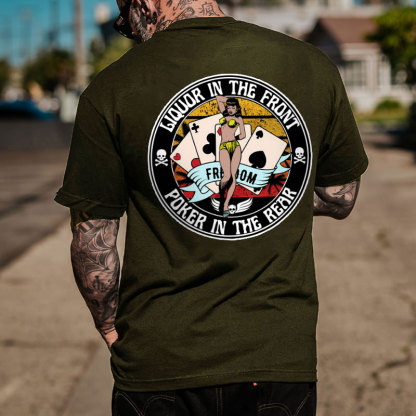 LIQUOR IN THE FRONT POKER IN THE REAR Sexy Lady Poker White Print T-shirt