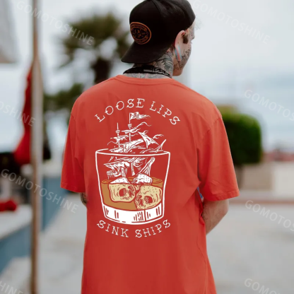 LOOSE LIPS SINK SHIPS Skulls Ship in the Water Graphic White Print T-shirt