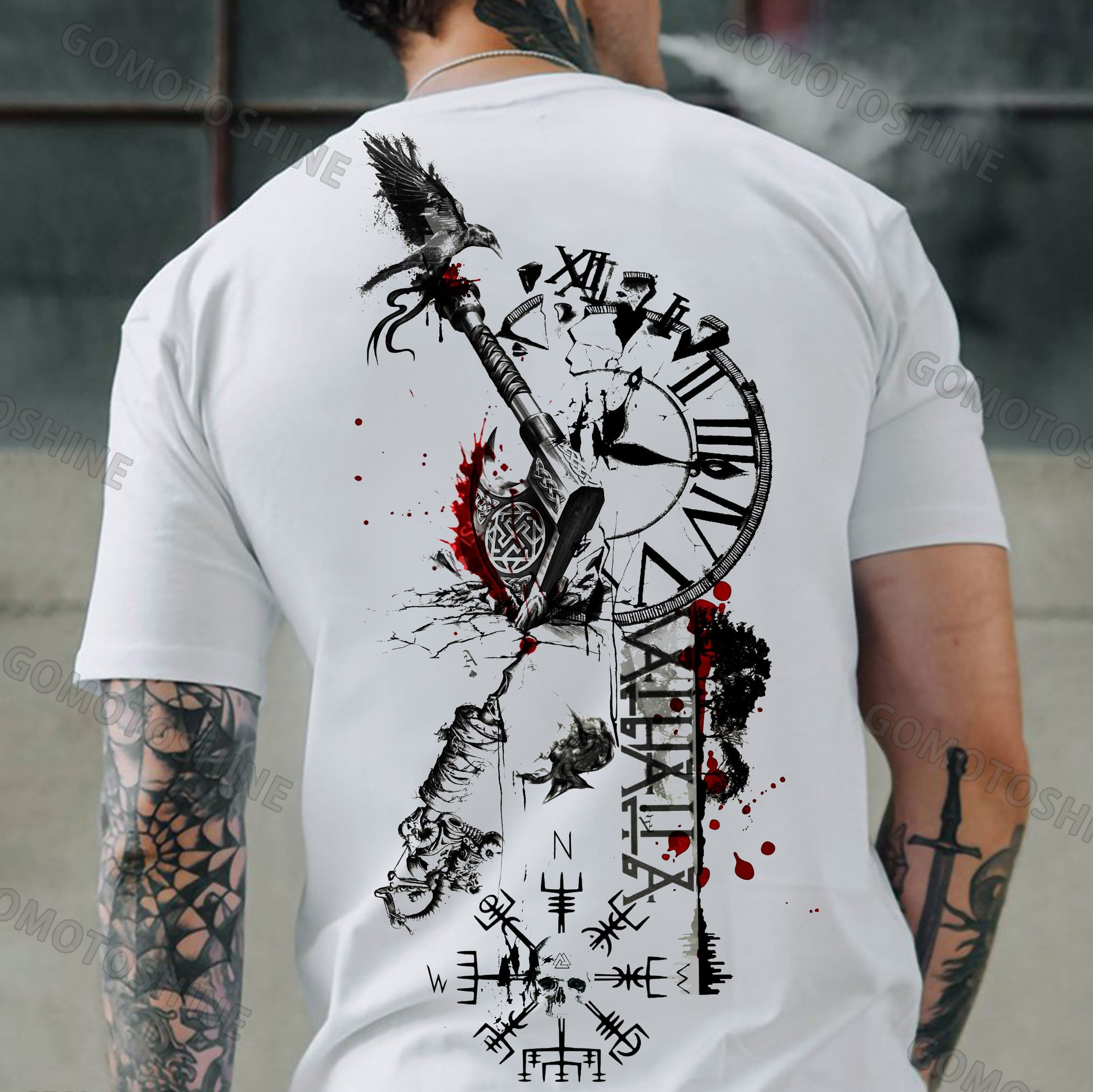 Chaos Of Time And Space Bird&Runes Skull Print Men's T-Shirt