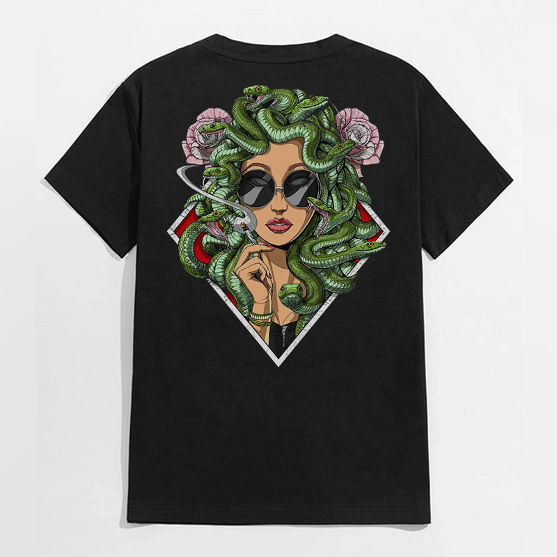 Lady Smoking with Fierce Snake Black Print T-Shirt
