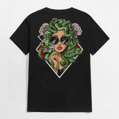 Lady Smoking with Fierce Snake Black Print T-Shirt