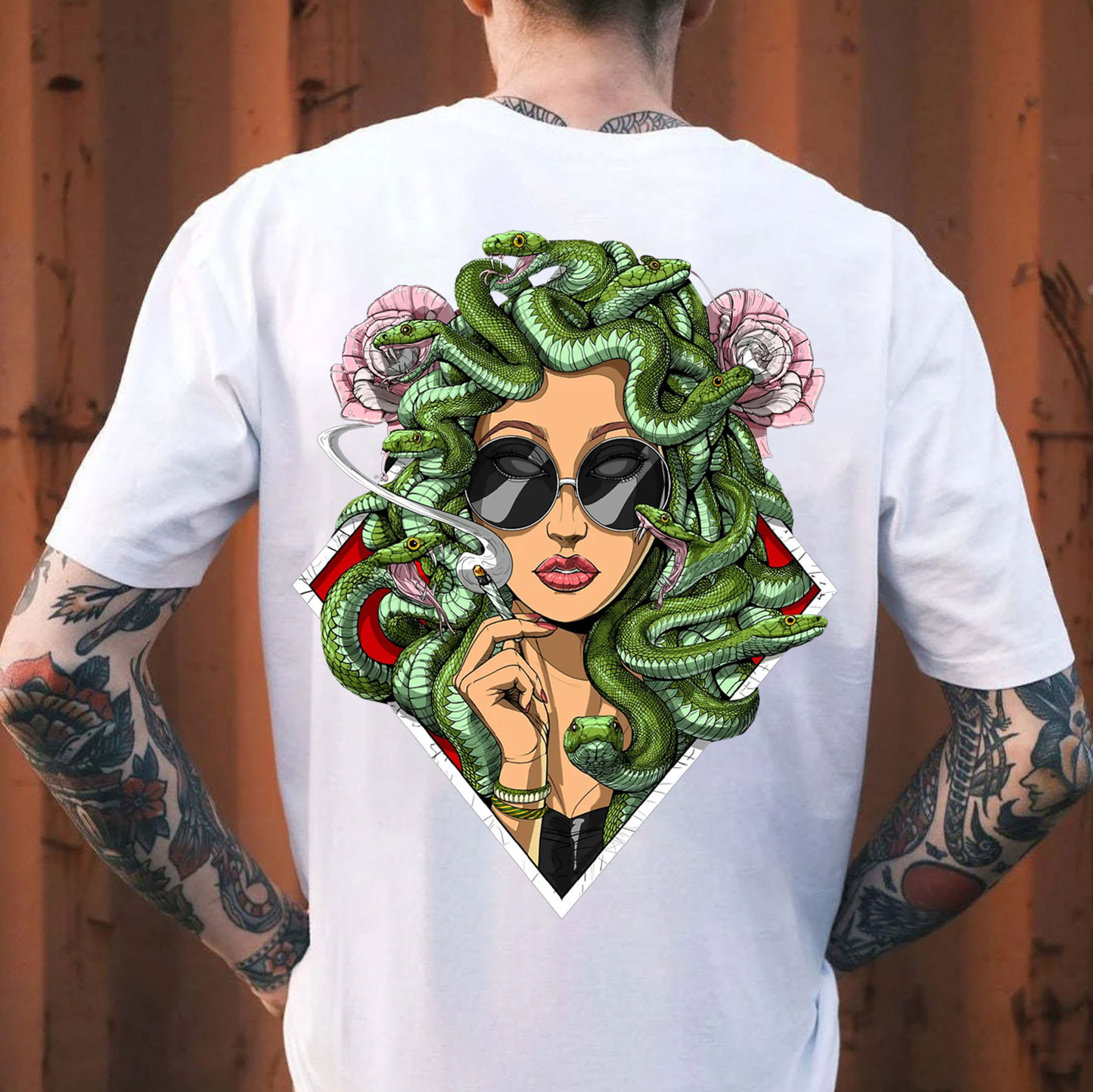 Lady Smoking with Fierce Snake Black Print T-Shirt