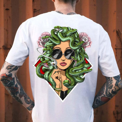 Lady Smoking with Fierce Snake Black Print T-Shirt