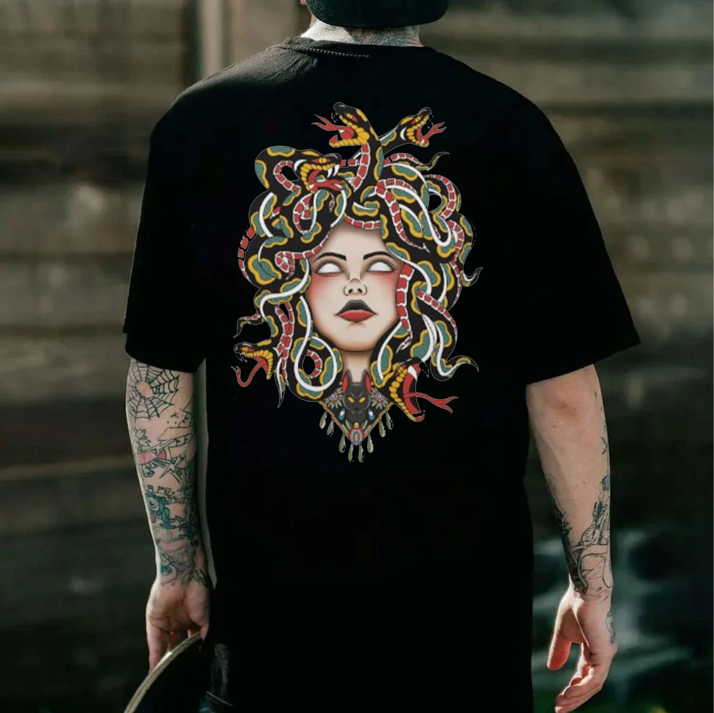Evil Witch with Snakes Black Print T-Shirt