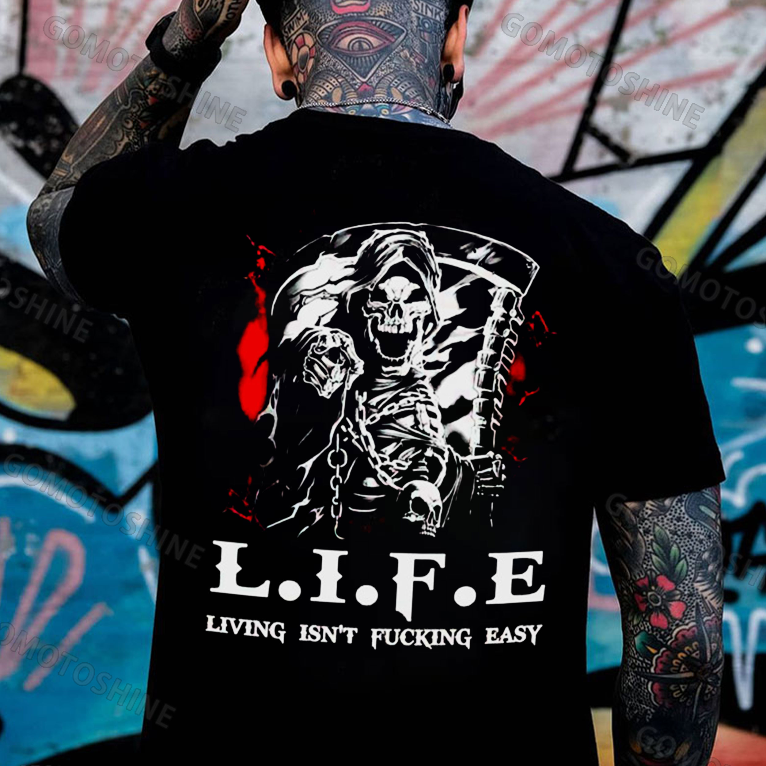 LIFE LIVING ISN'T FUCKING EASY Skeleton Print Men's T-Shirt