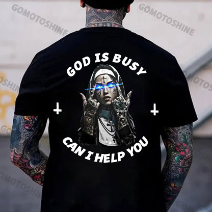 GOD IS BUSY CAN I HELP YOU Defiant Nun Print Men's T-Shirt